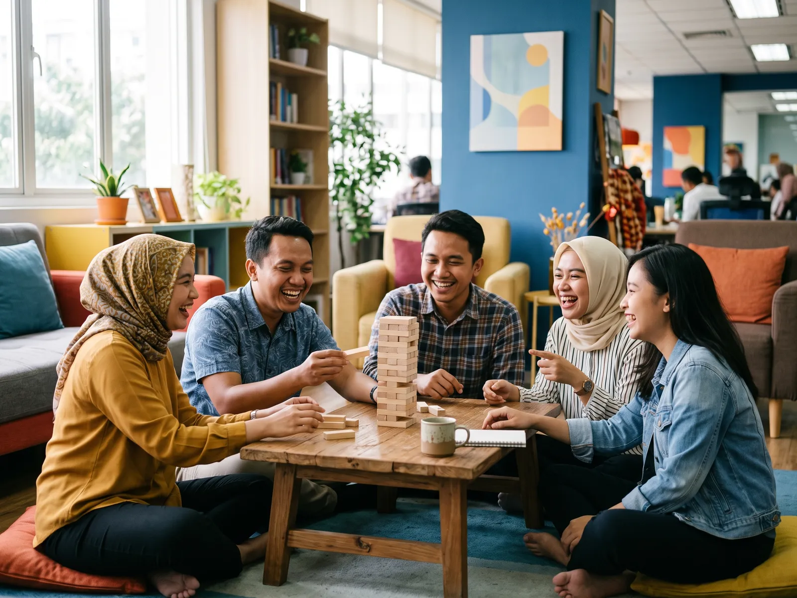 Coworkers laughing over a tabletop game