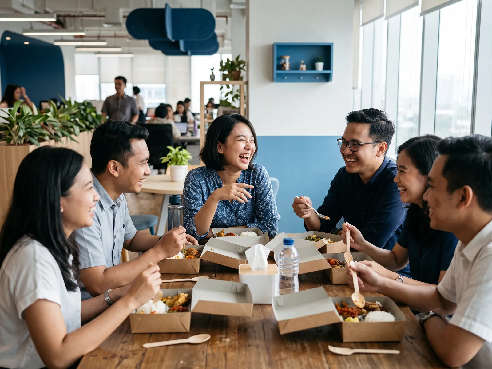 Colleagues sharing a casual lunch at the office