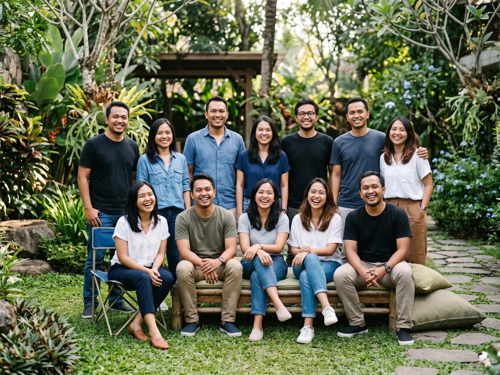 A group of colleagues smiling outdoors in a garden