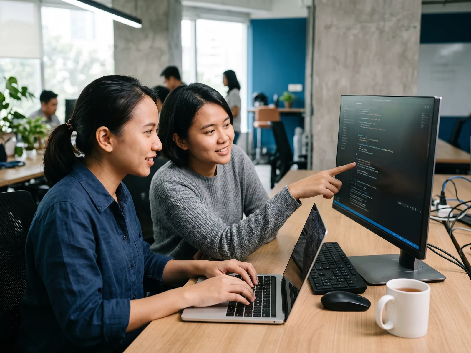 Two developers pair-programming at one desk