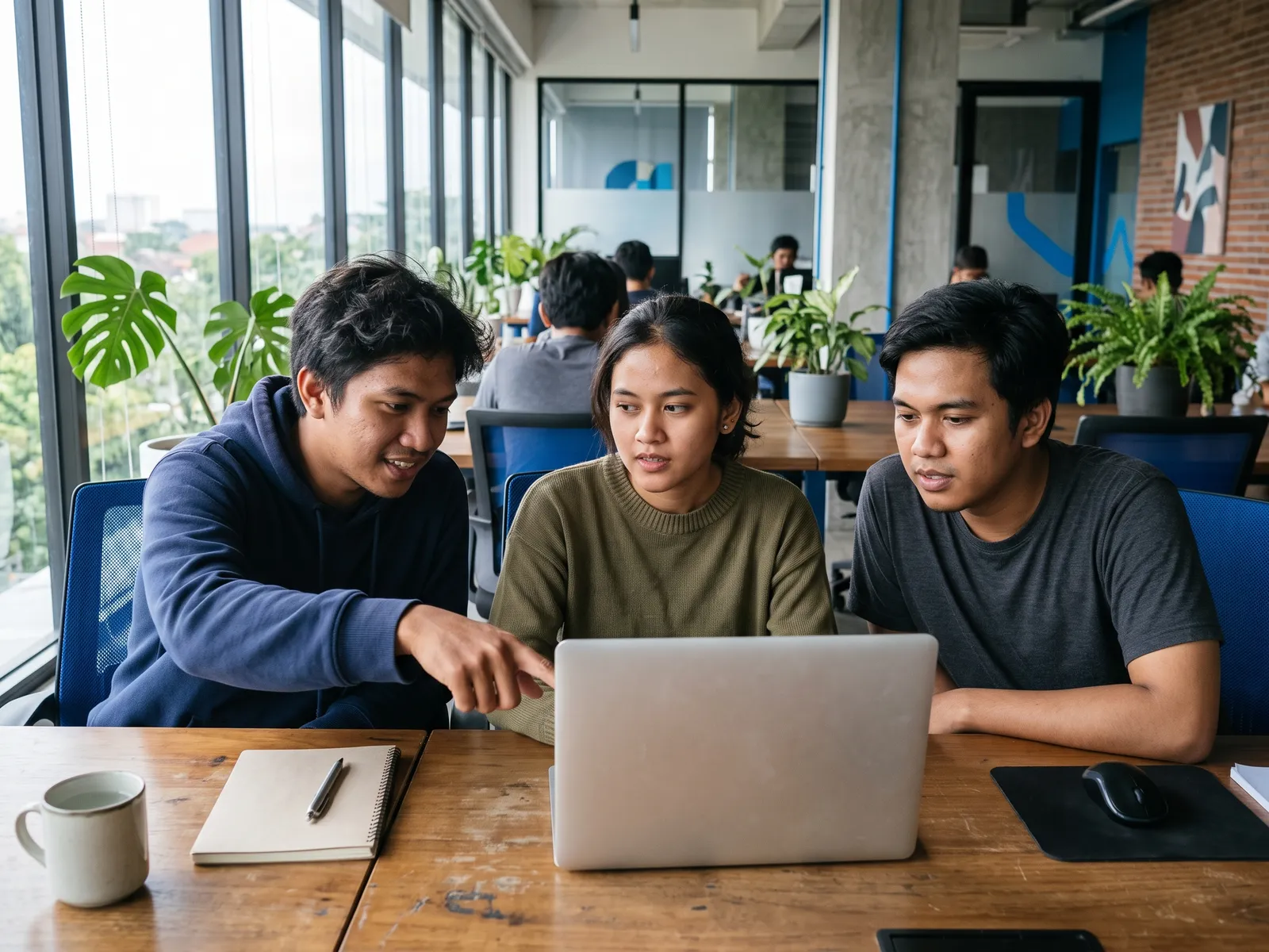 Engineers collaborating around a laptop in a bright office