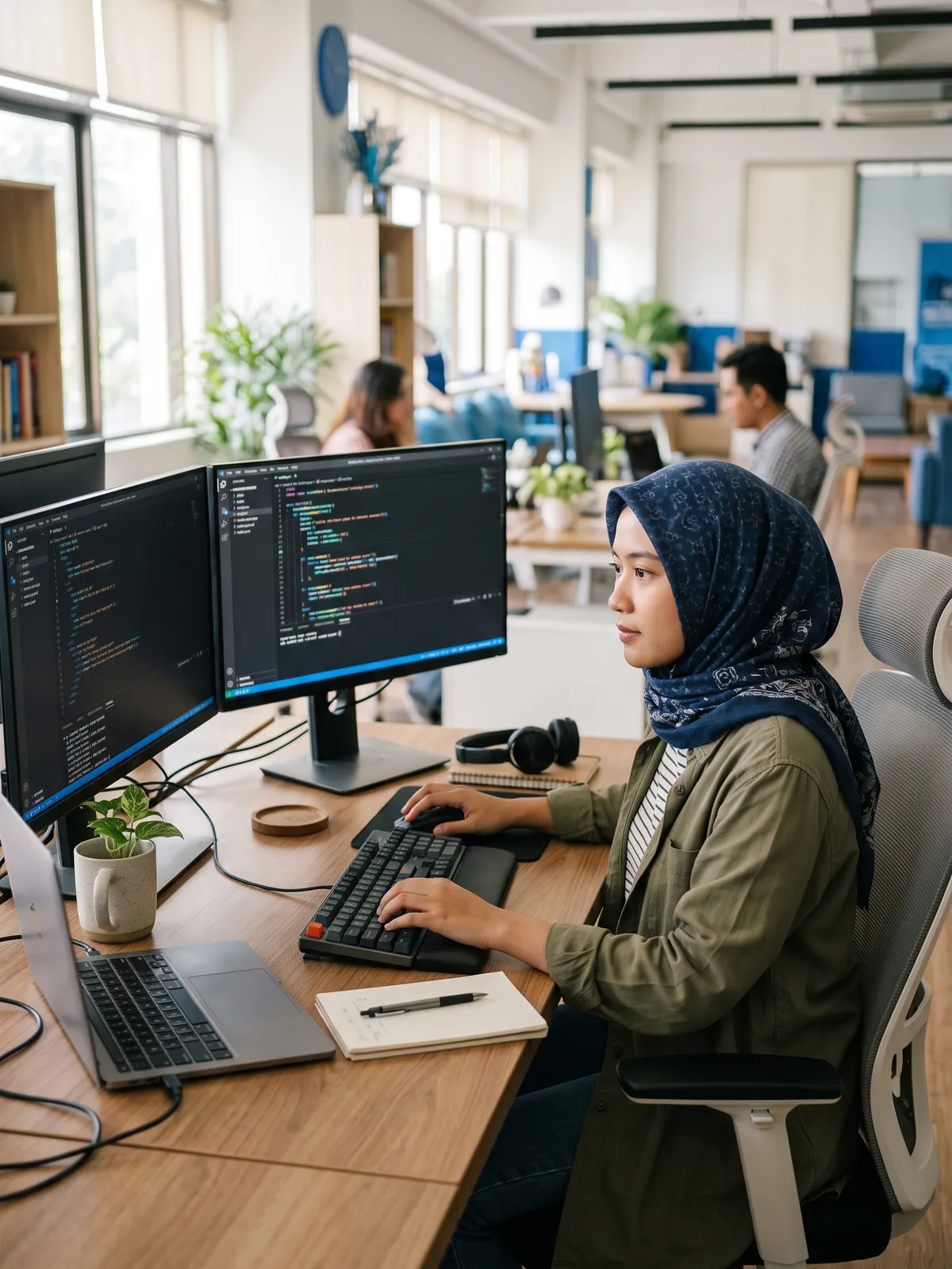 A developer coding at a desk with two monitors