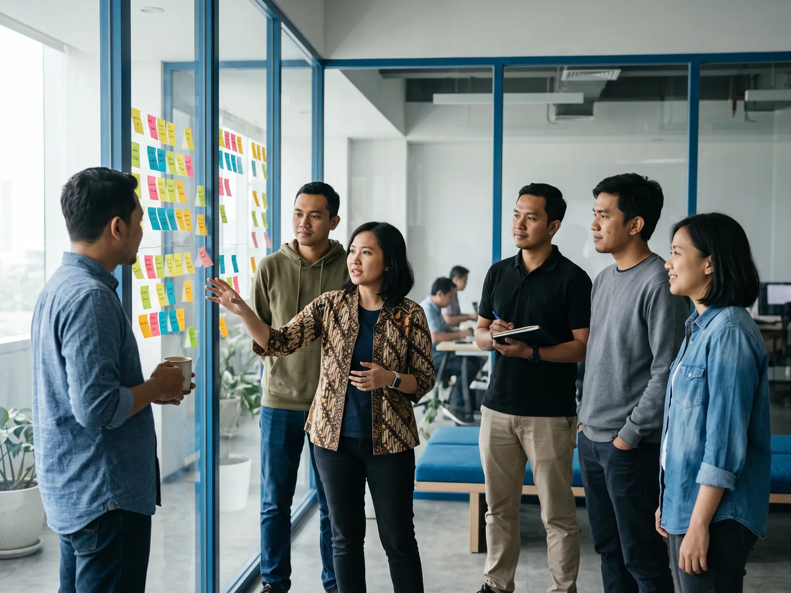 A small team meeting in front of a wall of sticky notes
